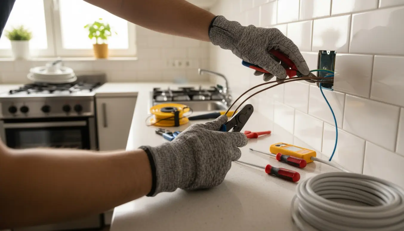 Nærbillede af hænder, der trækker ledninger og monterer en stikkontakt i et lille køkken i en lejlighed.