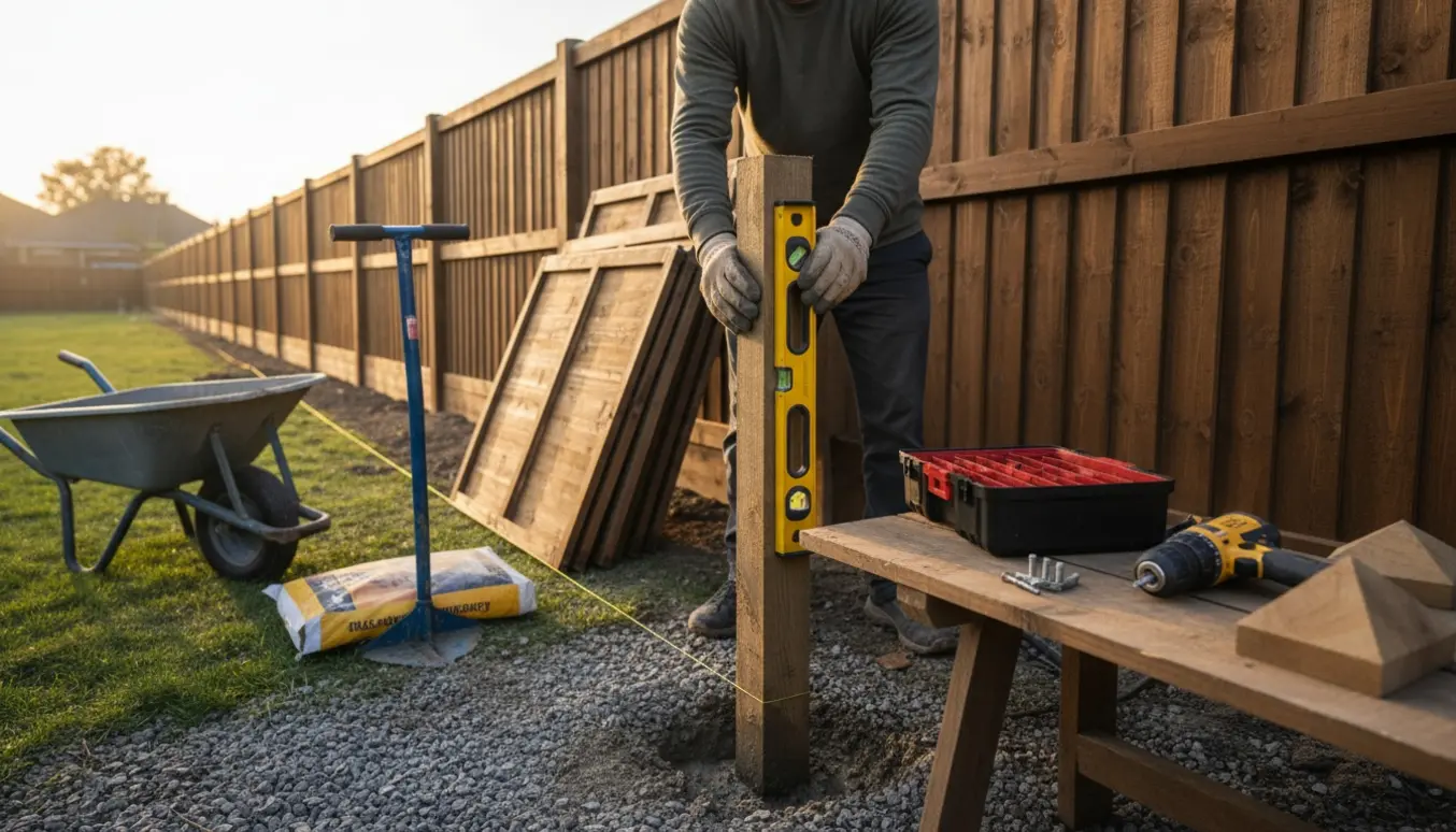 Opstilling af et cirka 180 cm højt træhegn langs en have med stolper, værktøj og en arbejdstager med ryggen til.