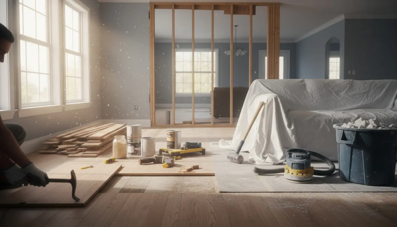 Halvt nedrevet væg mellem stue og køkken med udsatte stolper, fjernede gulvbrædder og værktøj til reparation af trægulv.