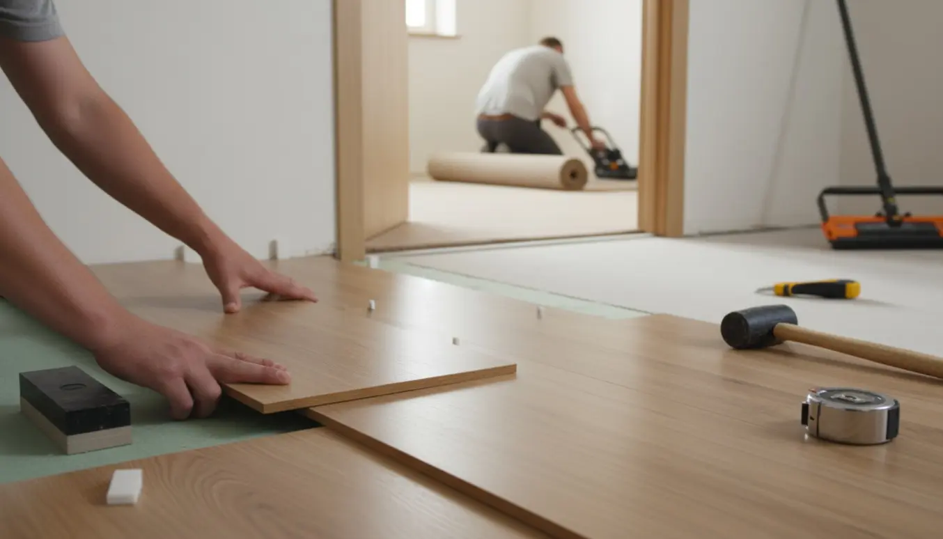 Nærbillede af laminatplanker og værktøj i et rum med gulvtæppe under udlægning i et tilstødende værelse.