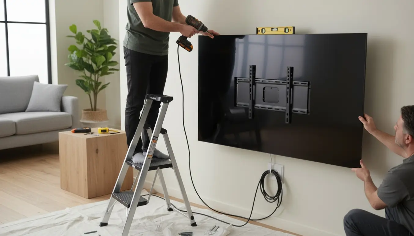 Hænder monterer en stor fladskærm på væggen i en lys, moderne stue.