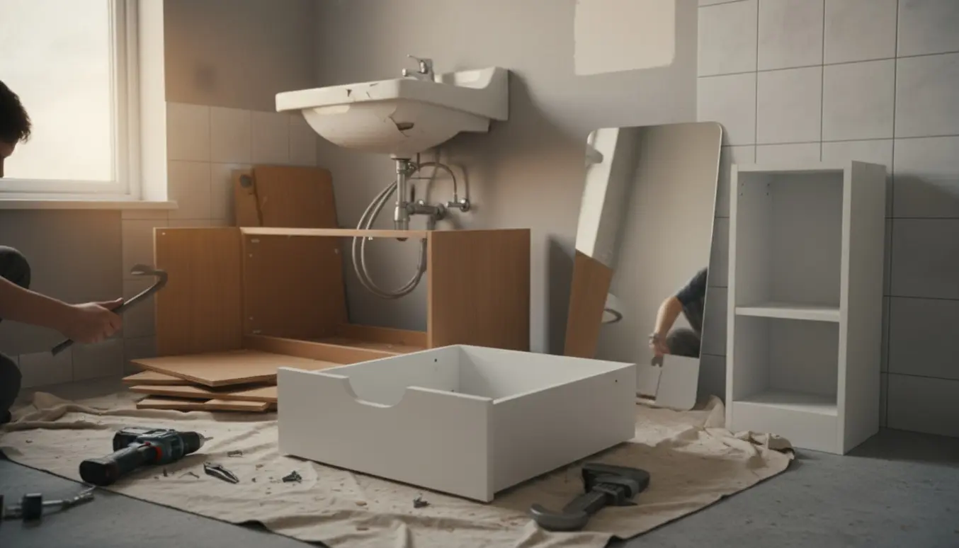 Badeværelse under renovering med gammel vask og skabe ved at blive fjernet og værktøj på en beskyttet gulvflade.