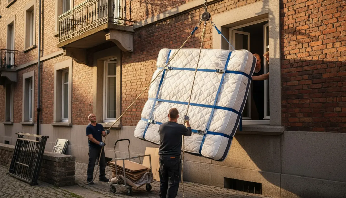 Madras og seng bliver hejst fra fortovet op til 1. sal med remme og talje foran en boligfacade.