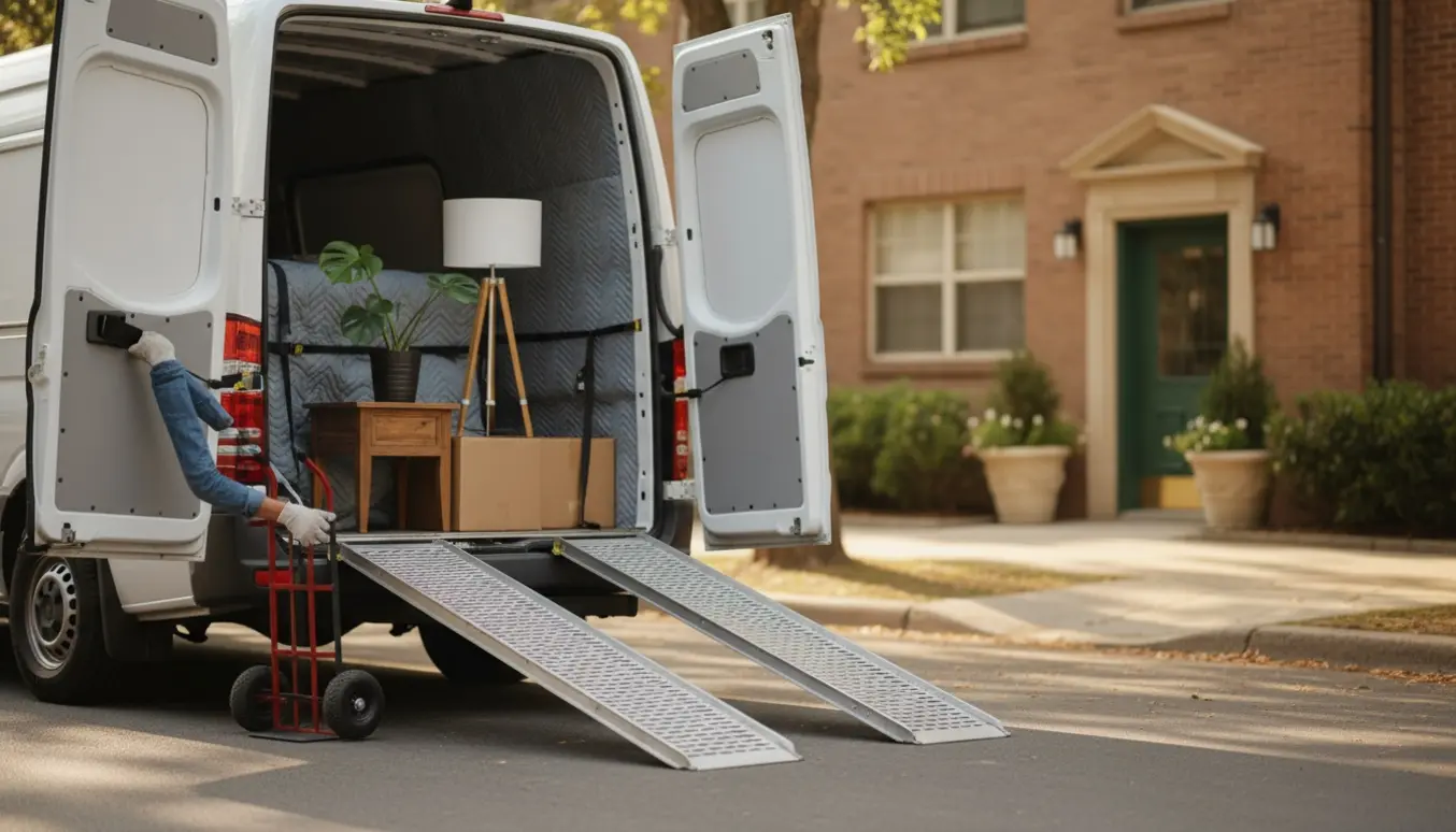 Åben flyttebil med få møbler og hænder, der læsser dem i morgensol.