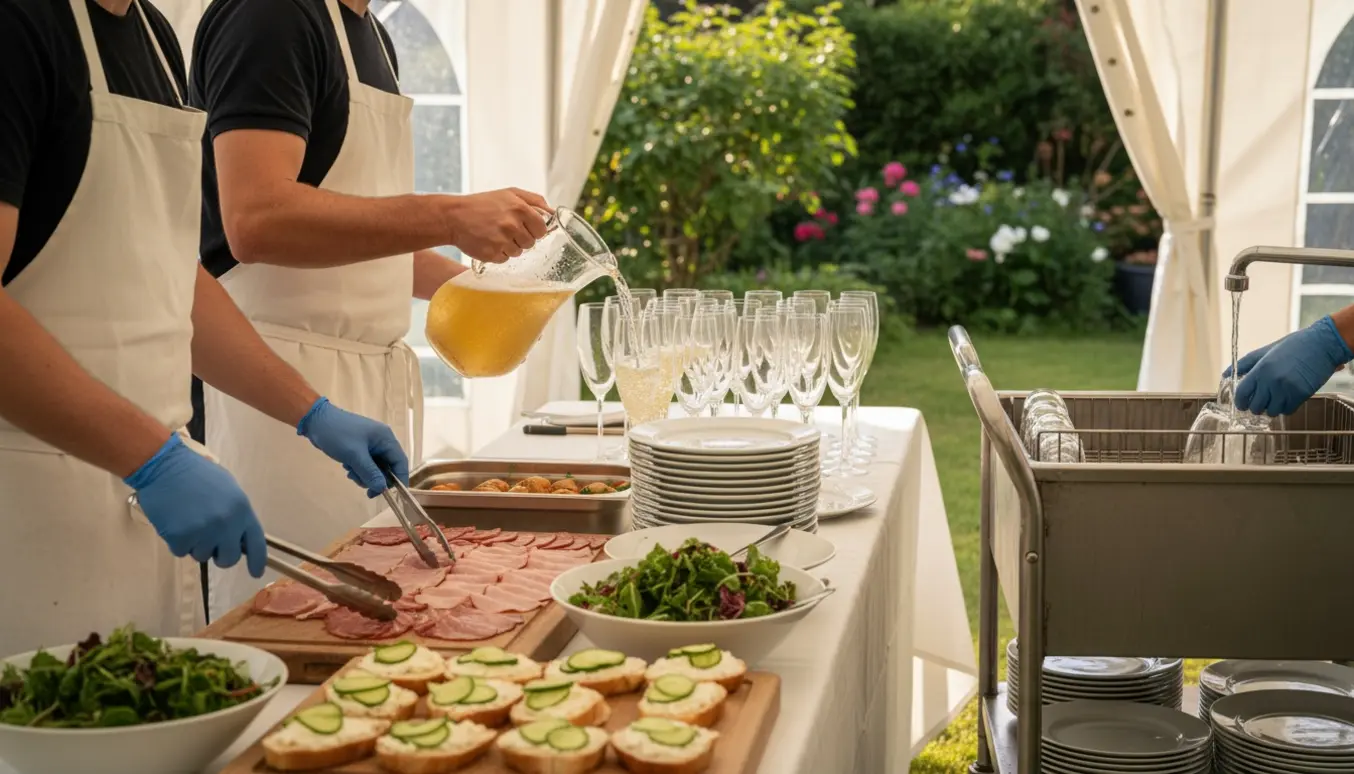 To køkkenhjælpere klargør buffet og hælder velkomstdrinks i et festtelt i haven.