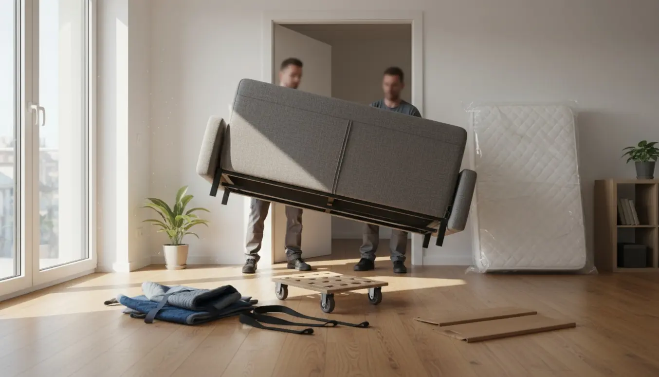 Futon udtrækssofa bæres ud af en lys lejlighed med en ekstra topmadras pakket ved siden af.