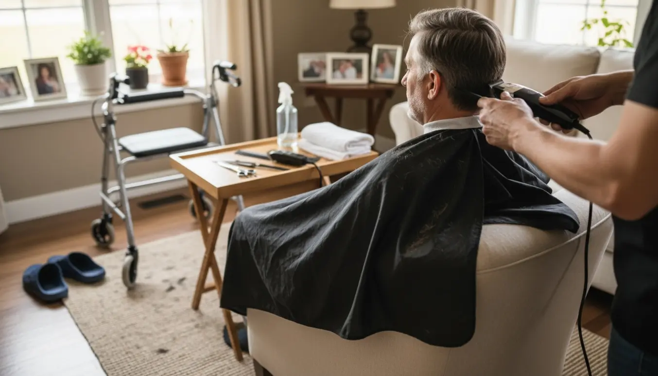En siddende mand med gangbesvær får klippet sit hår hjemme i en lys, hyggelig stue, hvor hjælperens hænder og klippemaskinen ses uden tydelige ansigter.