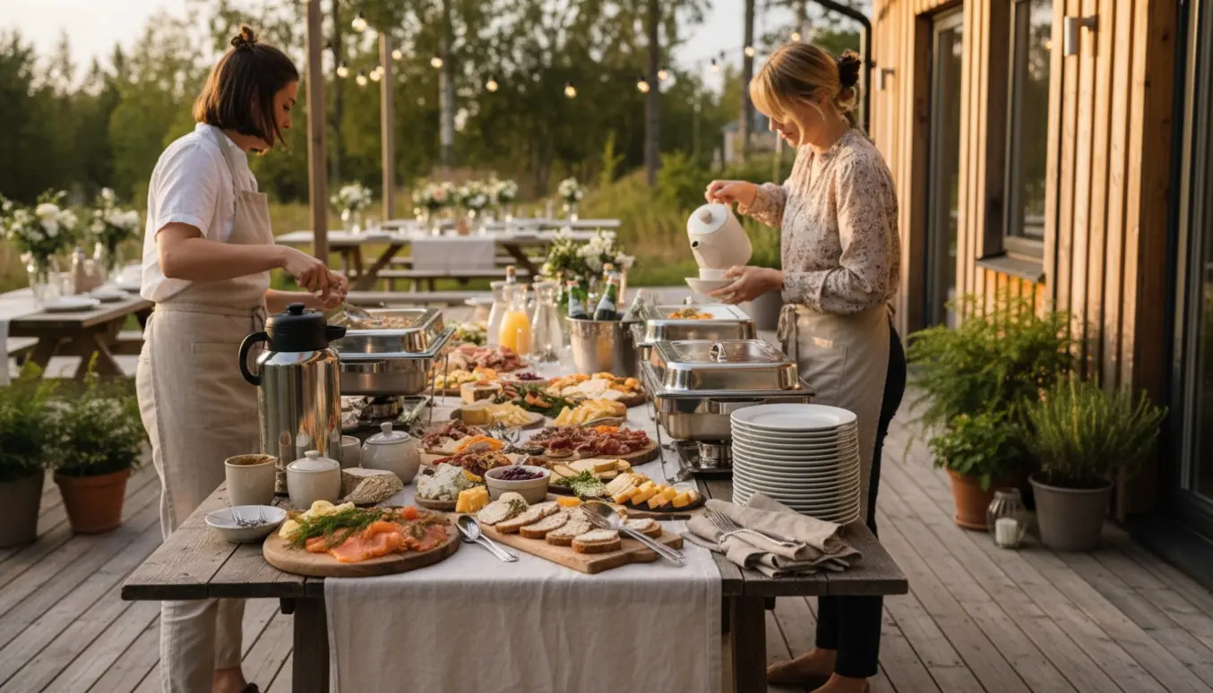 To hjælpere dækker buffetbord med mad, kaffe og drikke ved et sommerhus i gyldent eftermiddagslys.