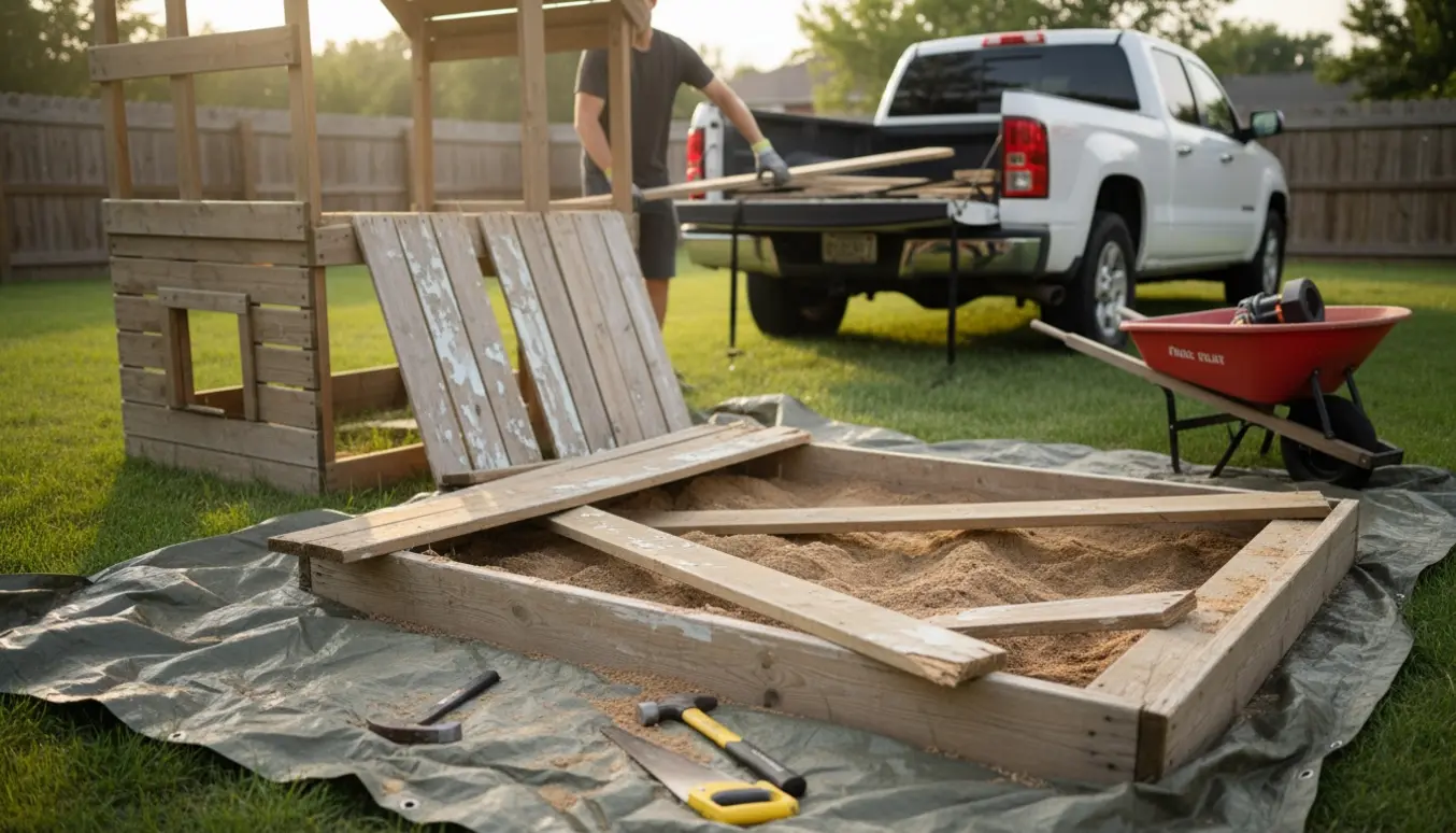 Demonteret legehus og sandkassestykker læsset i en pick-up, klar til afhentning.