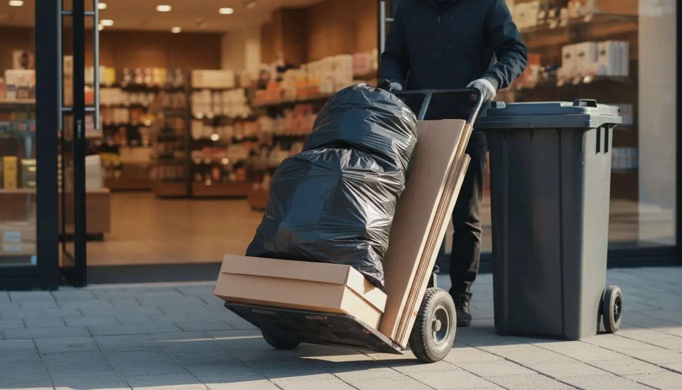 Affald fra en stueetagebutik trækkes ud gennem den åbne dør på en håndvogn.
