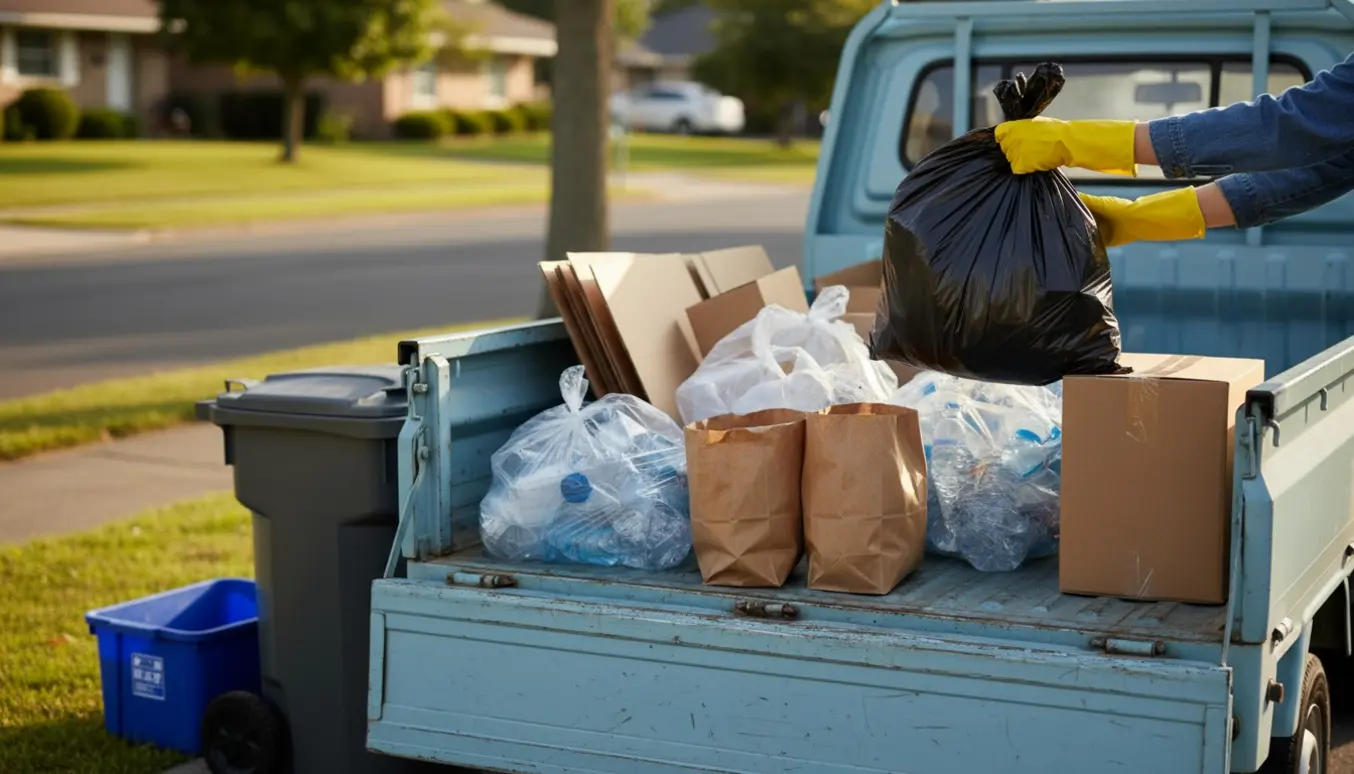 Hænder i gule handsker løfter en sort affaldssæk ved fortovet ved siden af affaldsbeholdere og sammenfoldet karton.