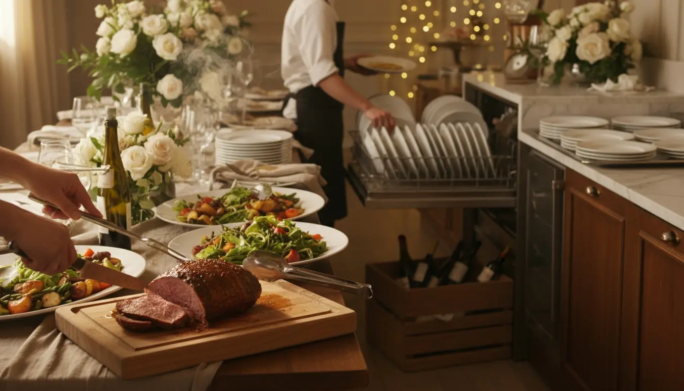 Hænder skærer steg, anretter buffet, rydder borde og fylder opvaskemaskine ved en bryllupsbuffet.