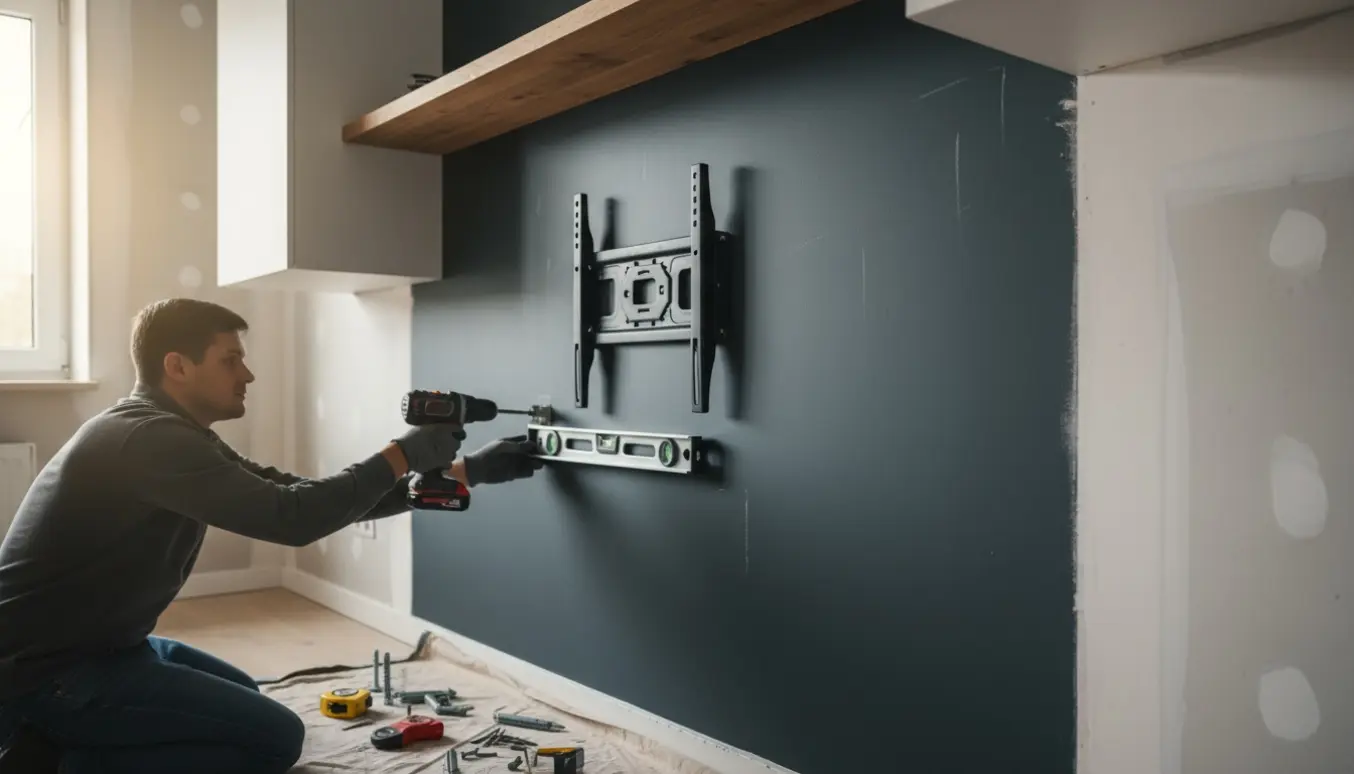 Installation af hylde, skab og TV på en nymalet koksvæg ved siden af en gipsvæg, hvor hænder justerer beslag med boremaskine.