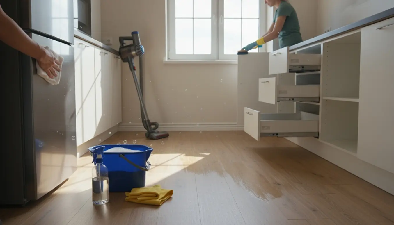 Næsten tom 41 m² lejlighed badet i dagslys, hvor hænder rengør vinduer, køleskab, gulv og hjørner ved hovedrengøring.