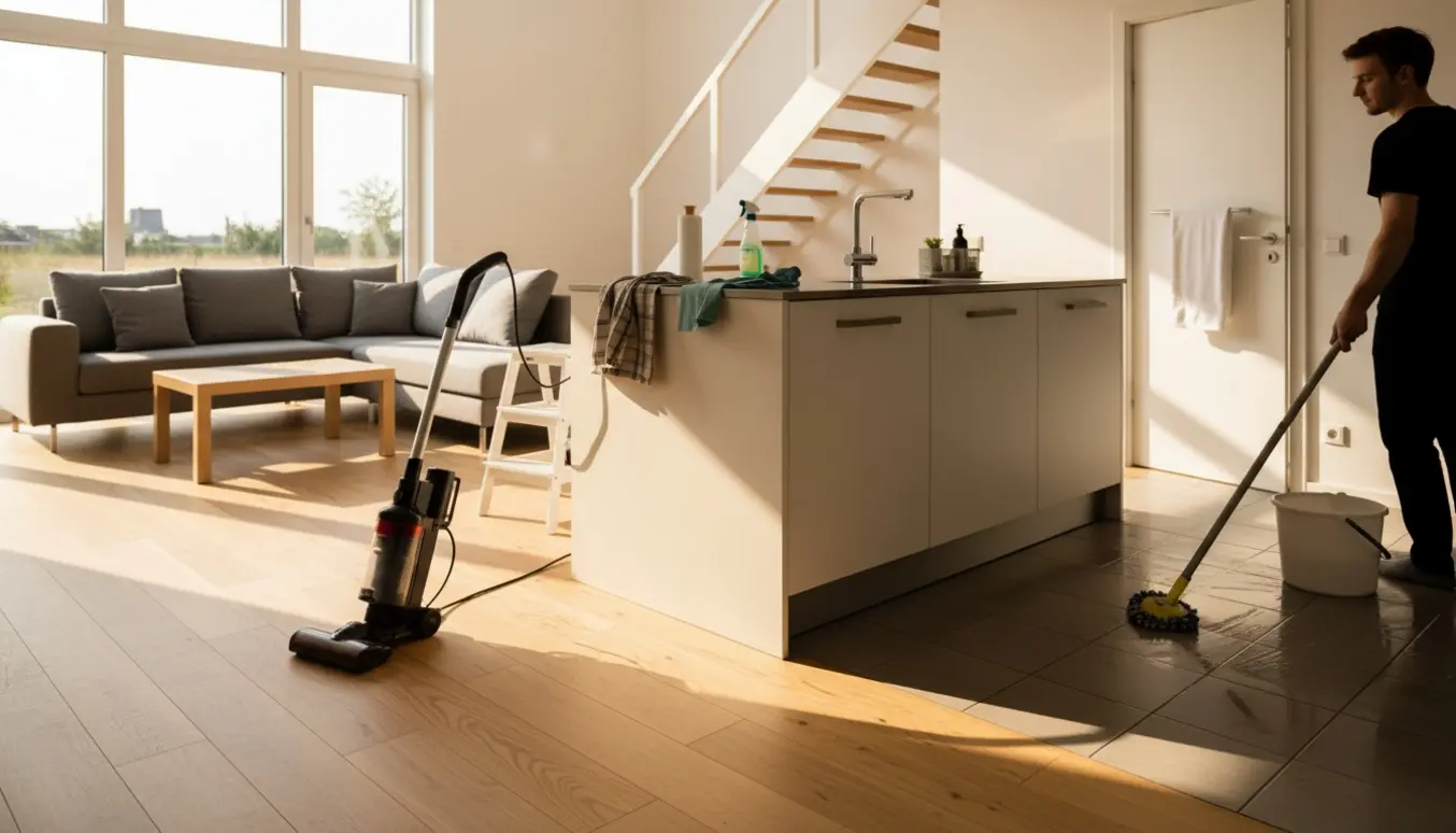 Åbent køkken-alrum i rækkehus, rengøring med støvsuger og moppe i naturligt dagslys.