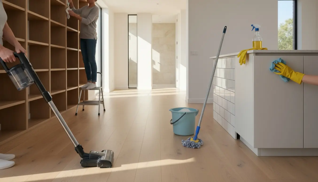 Lys forårsrengøring i privat hjem med moppe, støvsuger, mikrofiberklud på en skammel og skinnende gulve.