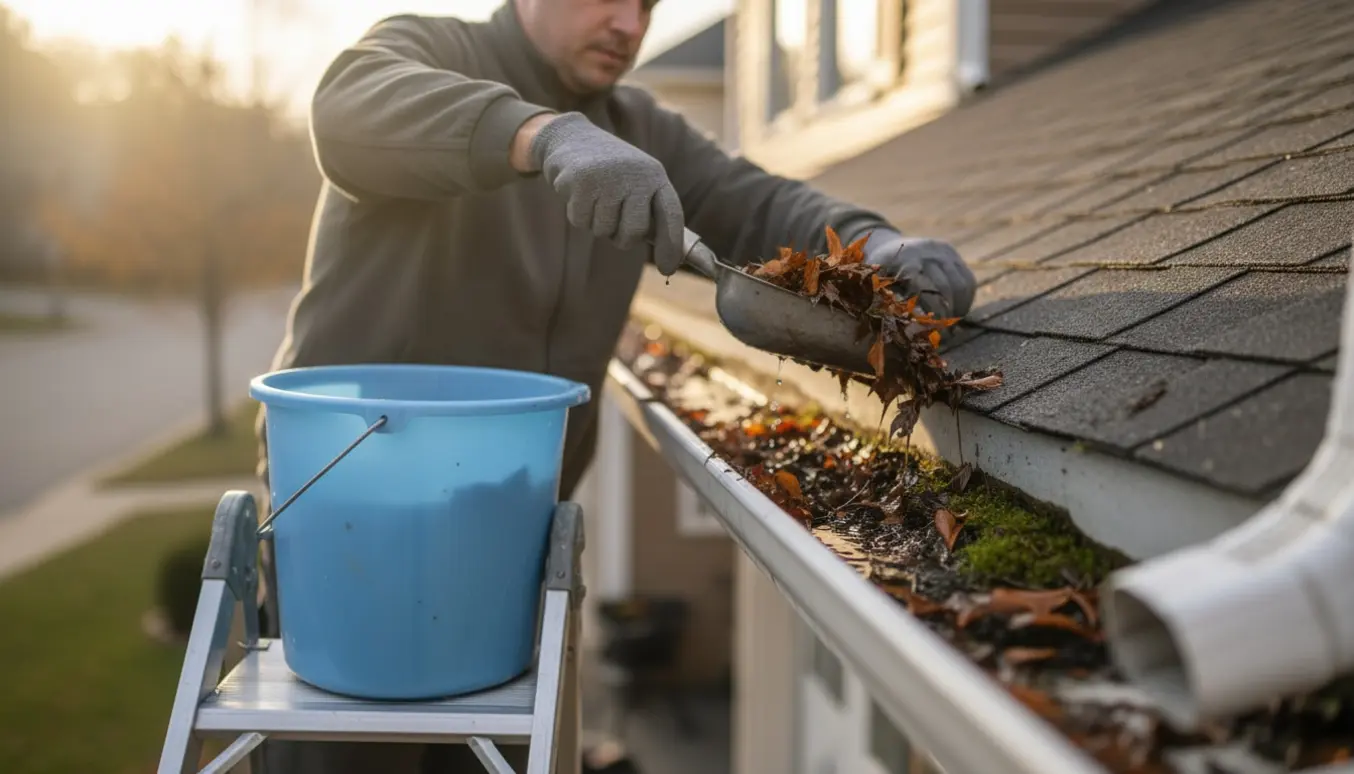 En person renser en tagrende for blade fra en stige med handsker og en skovl.