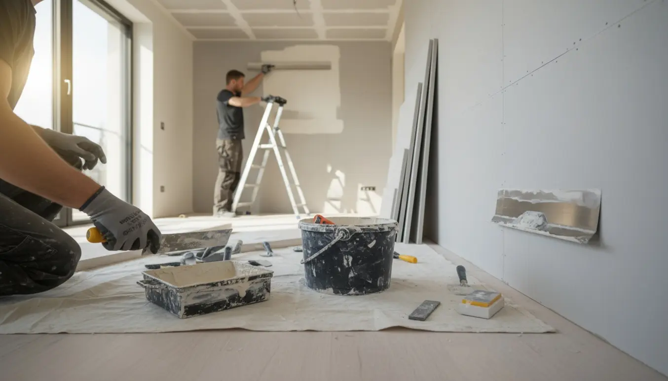 En håndværker spartler samlinger på Fermacell-vægge og gipsloft i et lyst værelse, uden synligt ansigt.