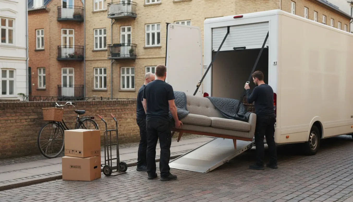 Sofa og puf bæres ind i en mærkefri flyttebil på en københavnsk gade, flyttemænd med ansigter væk fra kameraet.