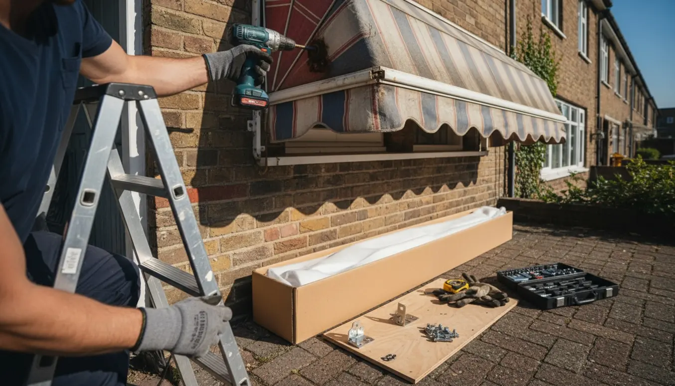 Montage af en manuel markise på rækværkshusets facade med stige, værktøj og nye beslag i sollys.