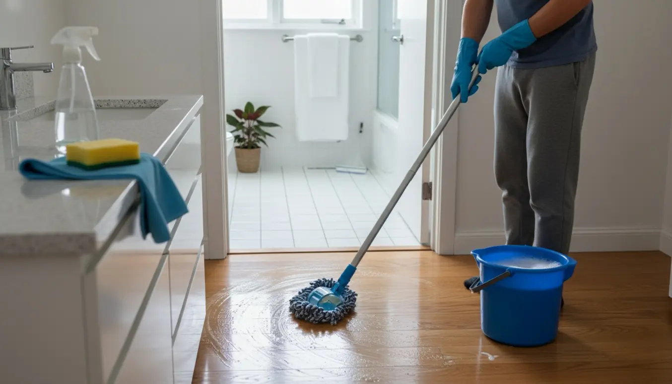 Hænder i gummihandsker moppe køkkengulvet, med et nyskinnet badeværelse synligt gennem en åben dør.