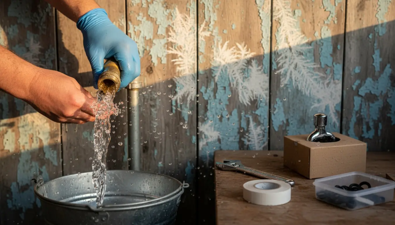 Hænder arbejder på en frostsprængt vandhane med vand, værktøj og et nyt armatur klar i et ældre kolonihavehus.