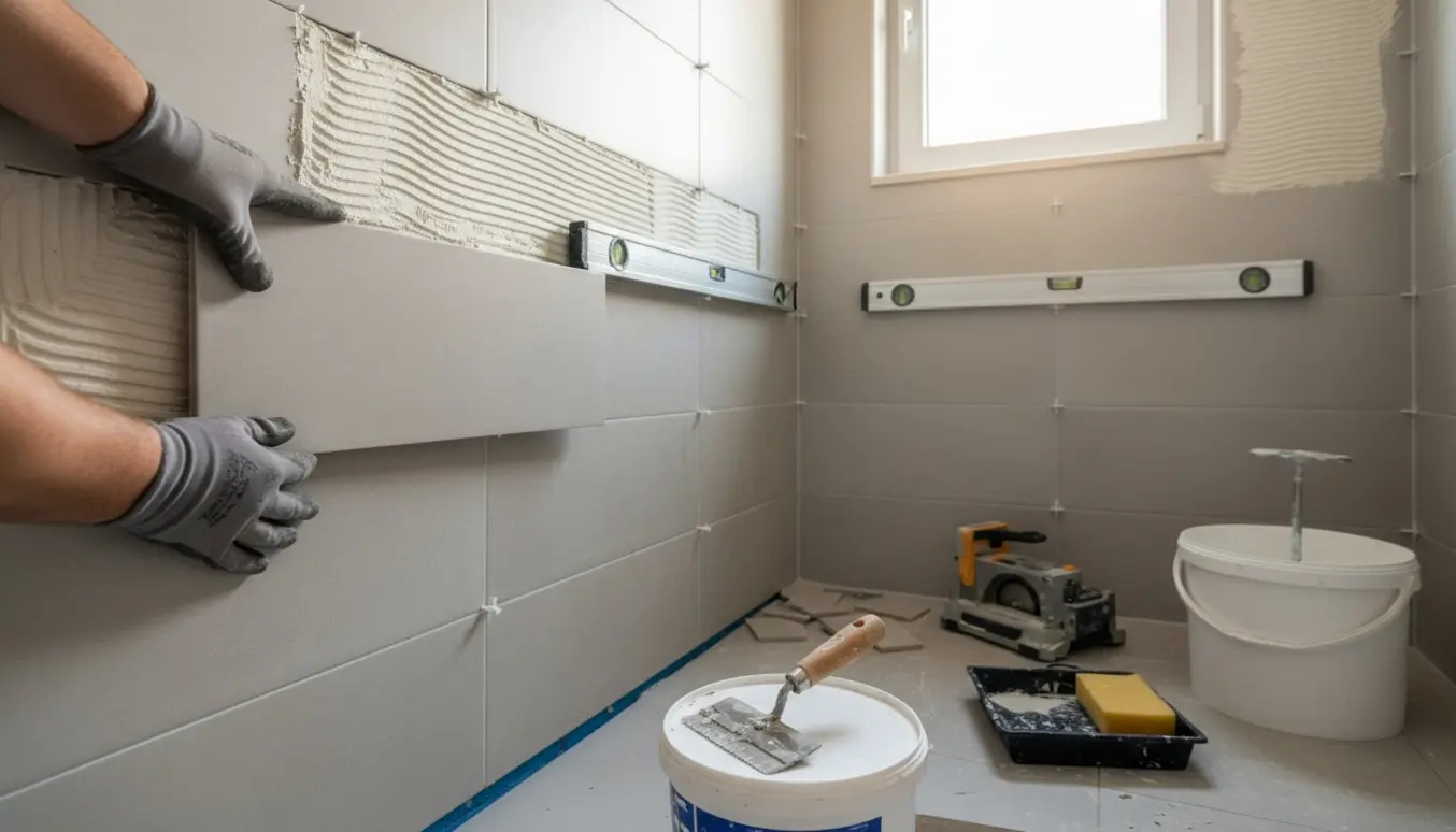 Hænder sætter lange rektangulære fliser op i en brusekabine ved et vindue, to fliser er afkortet ved vindueskarmen.