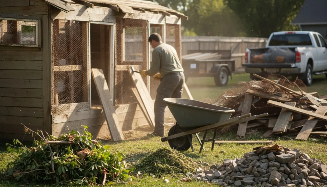 Nedrevet hønsehus i have med bunker af haveaffald og sten klar til bortkørsel.