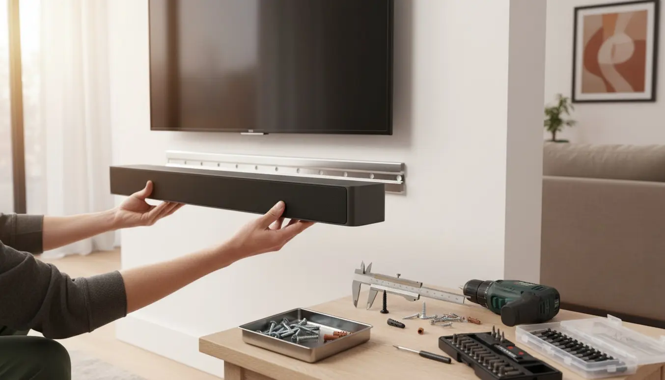 Hænder holder en soundbar op mod et vægbeslag med en bakke med skruer og værktøj på et bord.