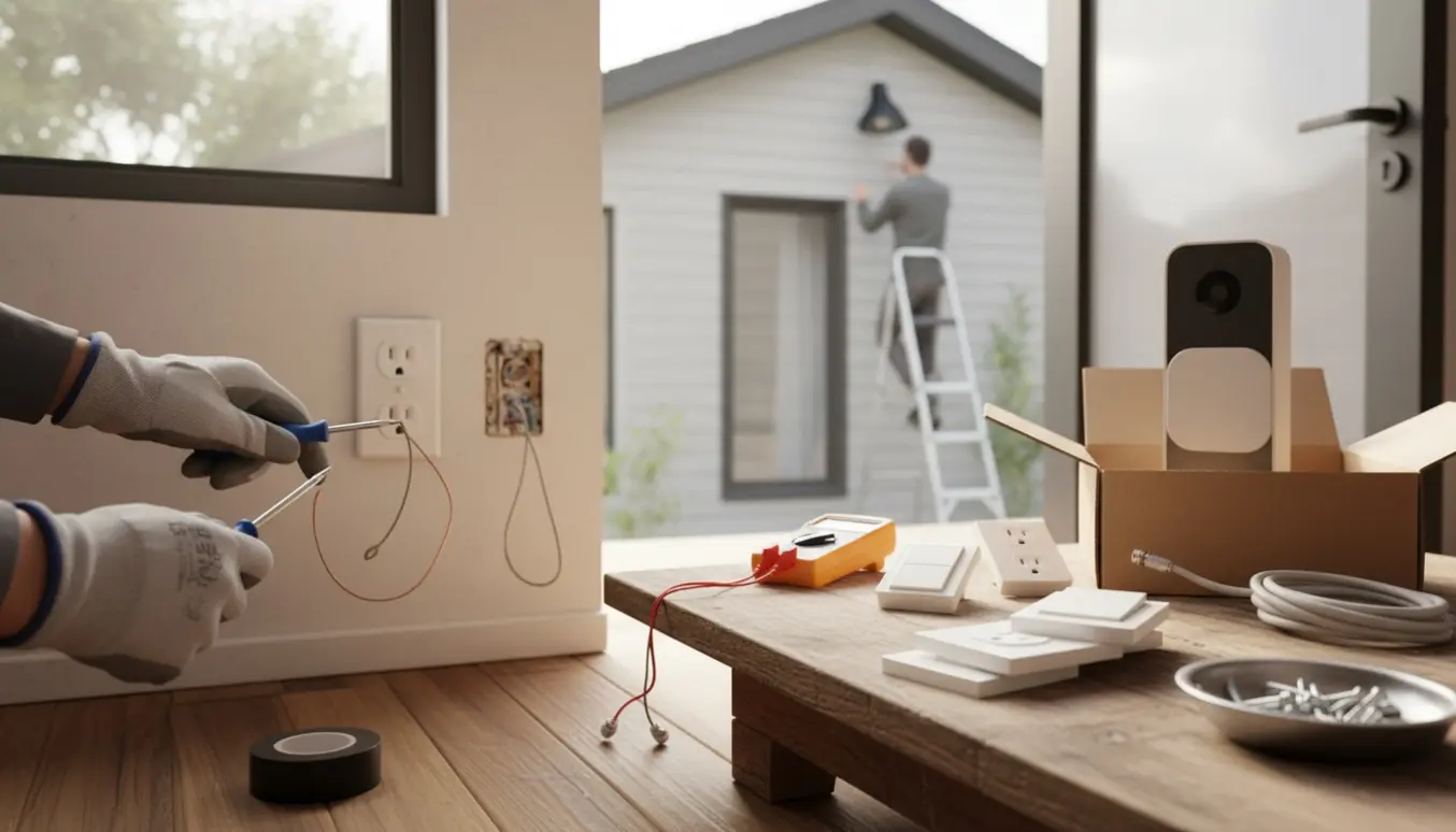 Hænder udskifter hvide stikkontakter indendørs med værktøj og udendørs bevægelsessensor synlig i baggrunden.