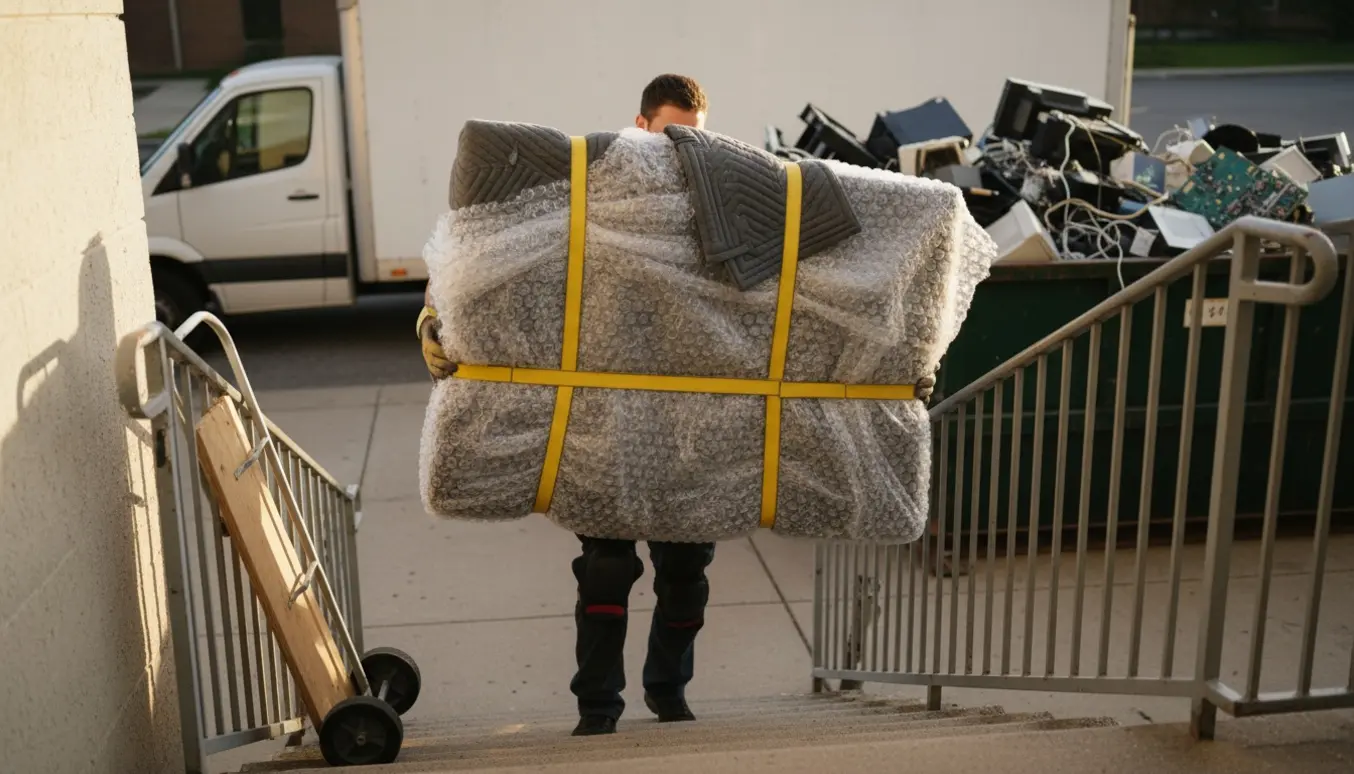 To flyttemænd bærer et indpakket 65-tommer tv ned ad en trappe mod en container på en genbrugsplads.