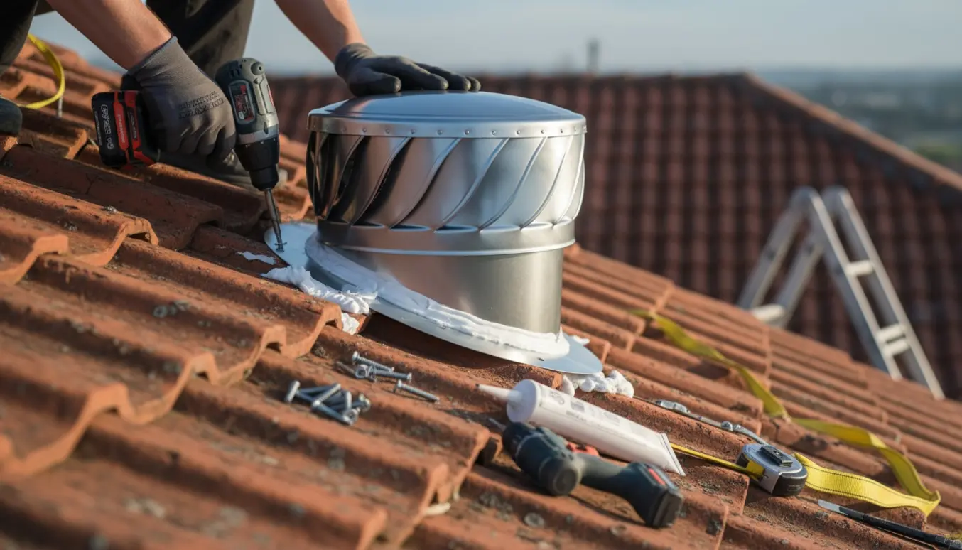 Rund emhætte i rustfrit stål monteres på røde tagsten med handsker og værktøj i fokus.