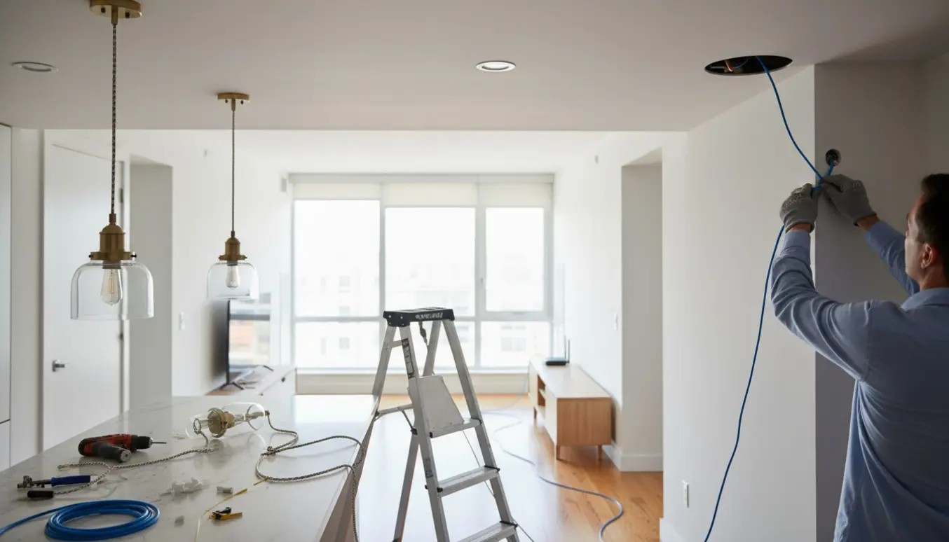 Installation af lamper og spots i køkkenet, mens et netværkskabel trækkes fra gangen til stuen.