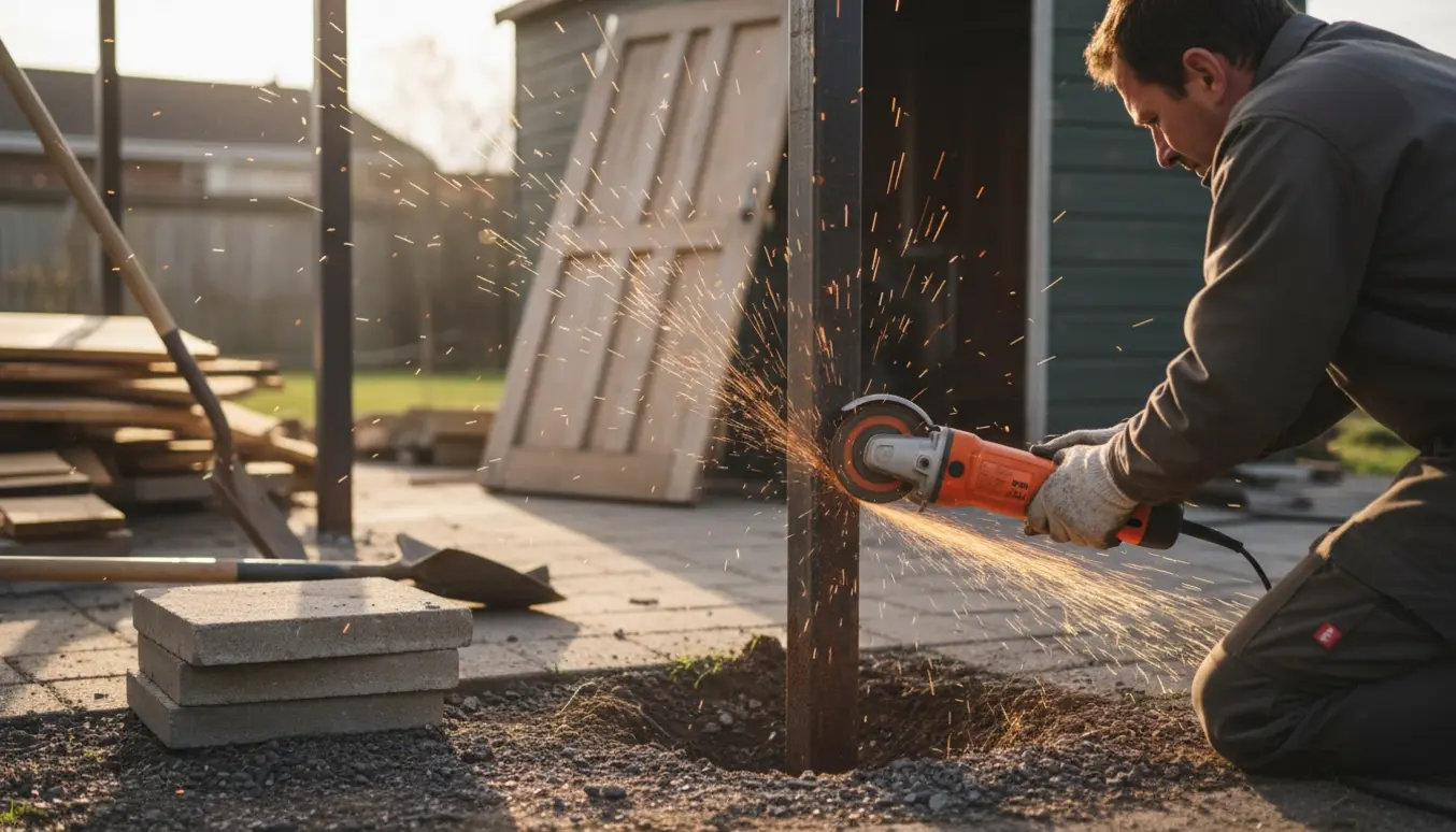 Hænder bruger vinkelsliber til at save en rusten stålpæl af ved en carport med løse fliser og skurdør lagt til side.
