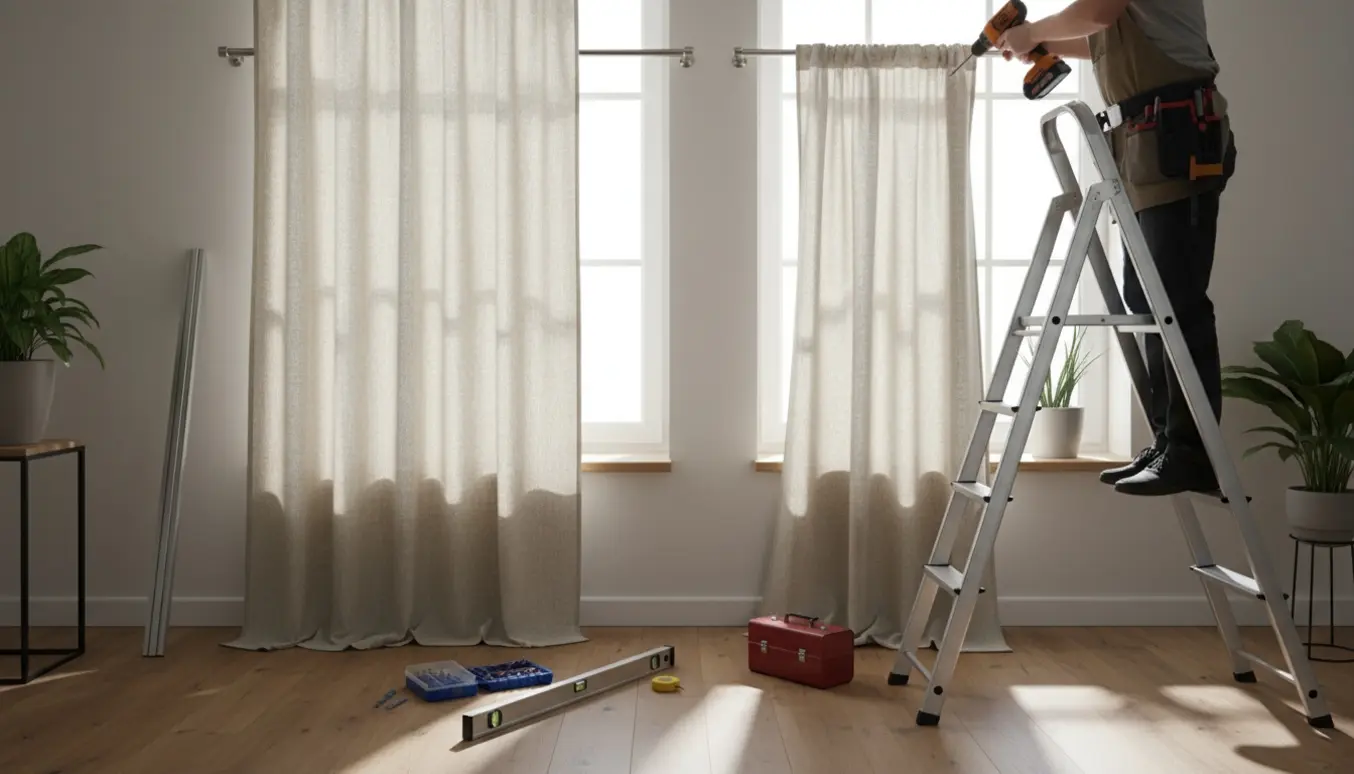 Håndværker hænger to gardiner op ved to vinduer i et lyst værelse.