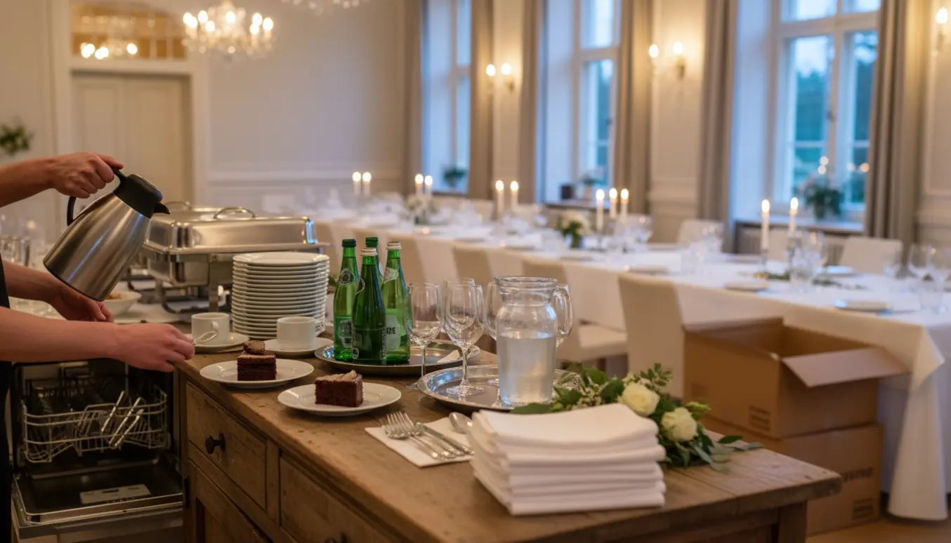 Hænder rydder af bord, fylder opvaskemaskine, sætter desserter og kaffe frem til en konfirmationsfest.