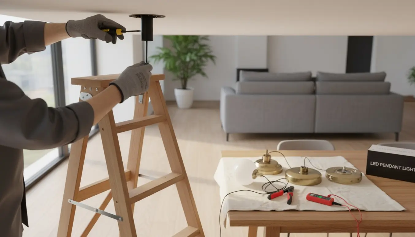 Håndværker på stige monterer en loftlampe med fjernede lamper og værktøj i baggrunden.