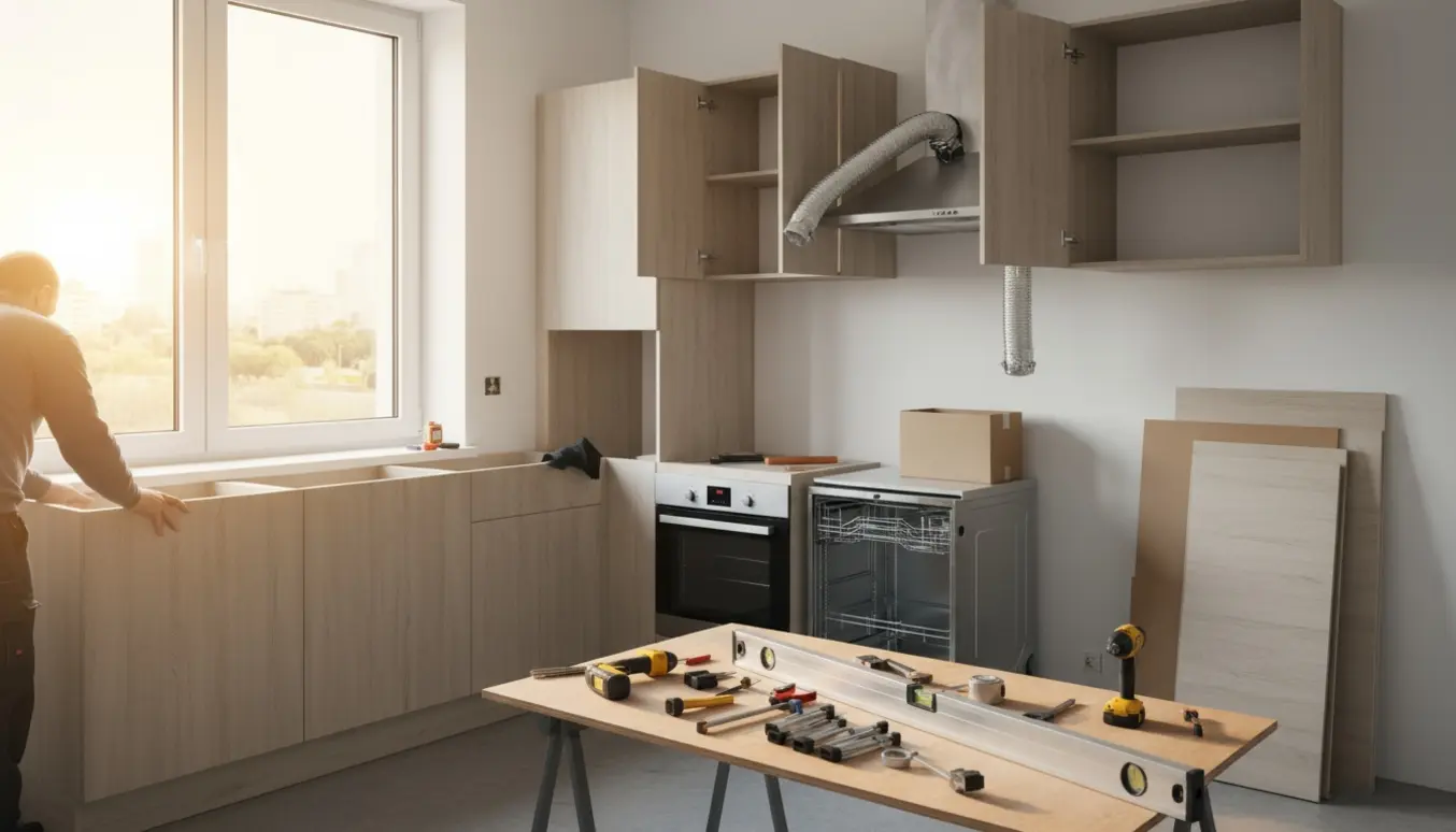 Nyt køkken under installation med skabe, emhætte og værktøj i et lyst køkkenrum.