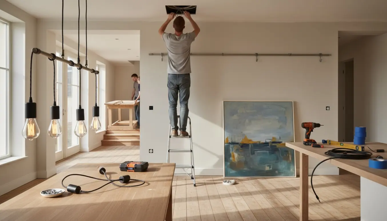 Håndværker på en stige monterer en loftslampe, mens et stort maleri er klar til ophæng og et arbejdsbord bæres mod trappen.