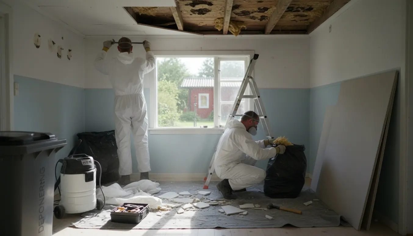 Kolonihavehus-køkken under renovering med nedbrudt loft, håndværkere i beskyttelsesdragter og deponeringssække.