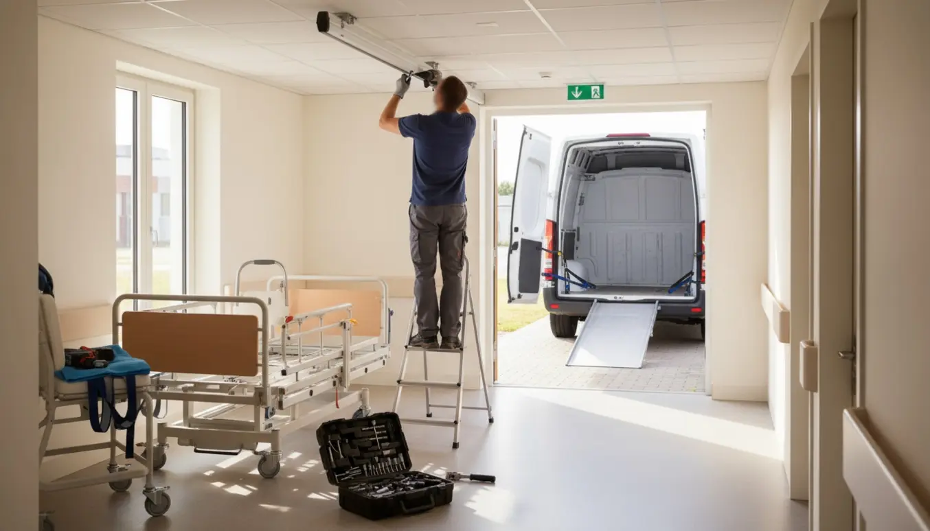 Tekniker afmonterer loftskinne i en lys gang med plejeseng, badestol og hjælpemidler klar til afhentning.