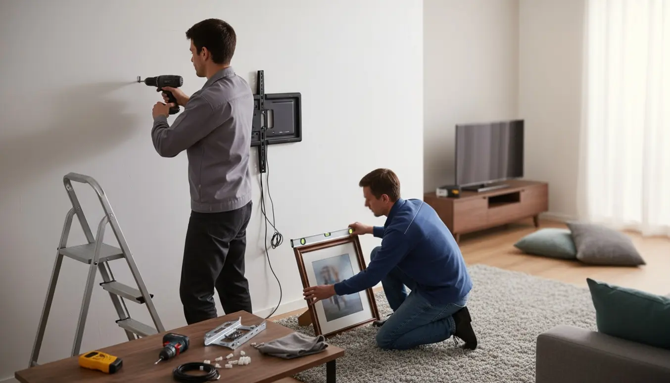 Teknikere monterer et fladt tv og hænger en billedramme i en moderne stue.