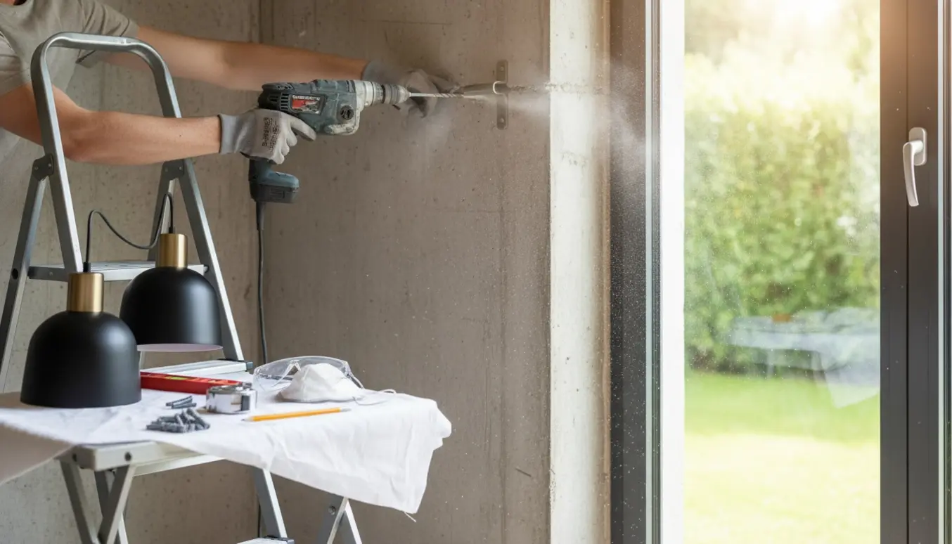 Hænder monterer gardinstang og forbereder ophæng af to lamper i en betonvæg med slagborrehammer.