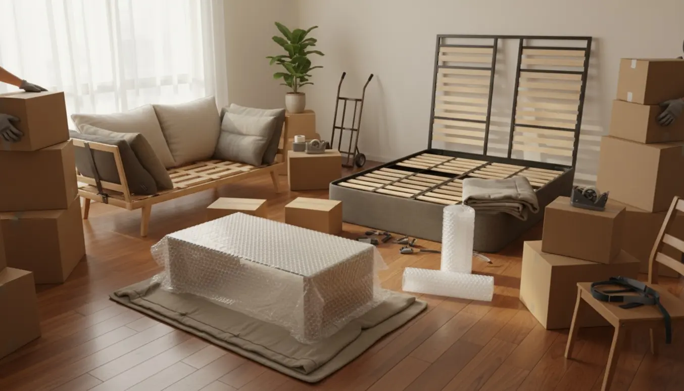 Stak flyttekasser, en adskilt sofa og dobbeltseng samt et indpakket glas sofabord i en lys lejlighed klar til flytning.