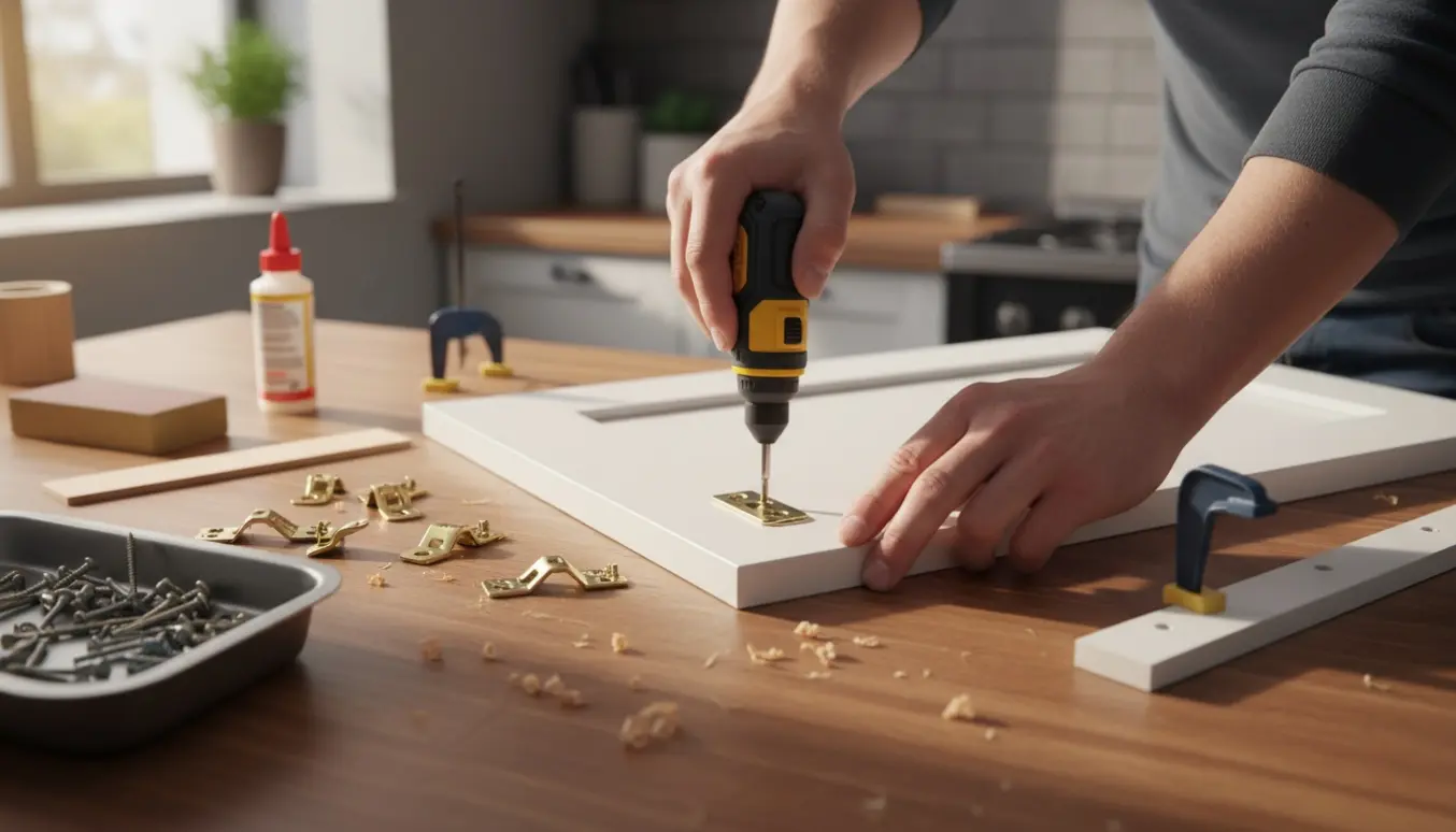 Hænder monterer nyt hængsel på et afmonteret køkkenskabslåg på en træbordplade i et lyst køkken.