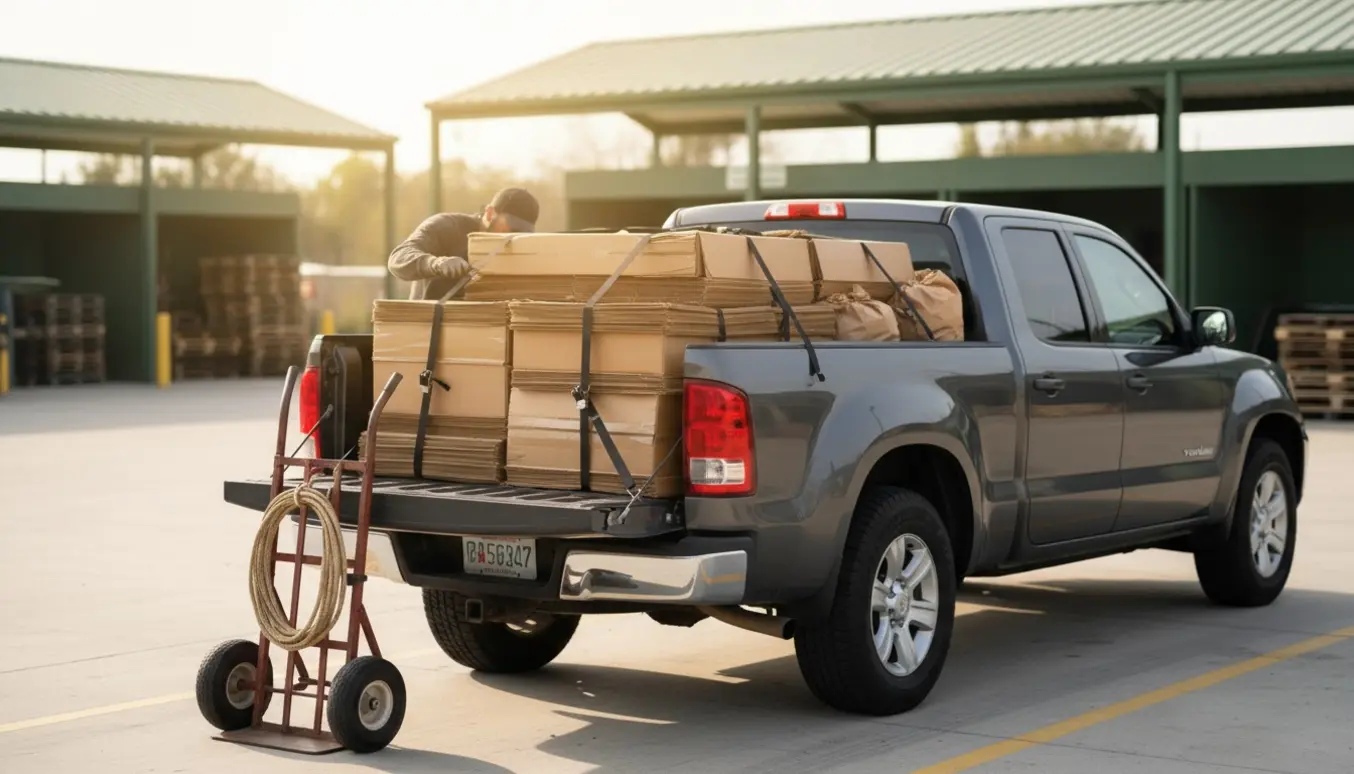 Pickup læsset med sammenfoldet pap foran en genbrugsplads, en person ses bagfra og spænder fast papret.