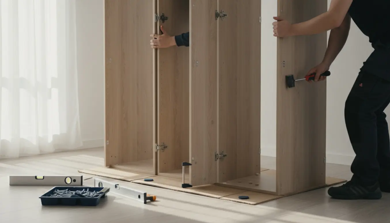 Fire smalle skabe samles side om side i en lys stue, hænder justerer panelerne med værktøj.