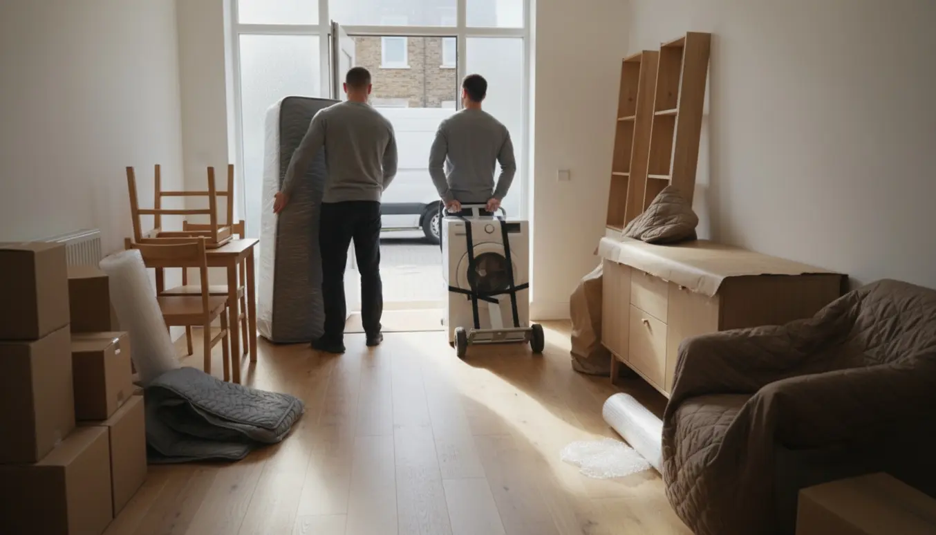 To flyttemænd bærer store møbler gennem indgangen i et lyst rækkehus med pakkede kasser og en vaskemaskine på dolly.