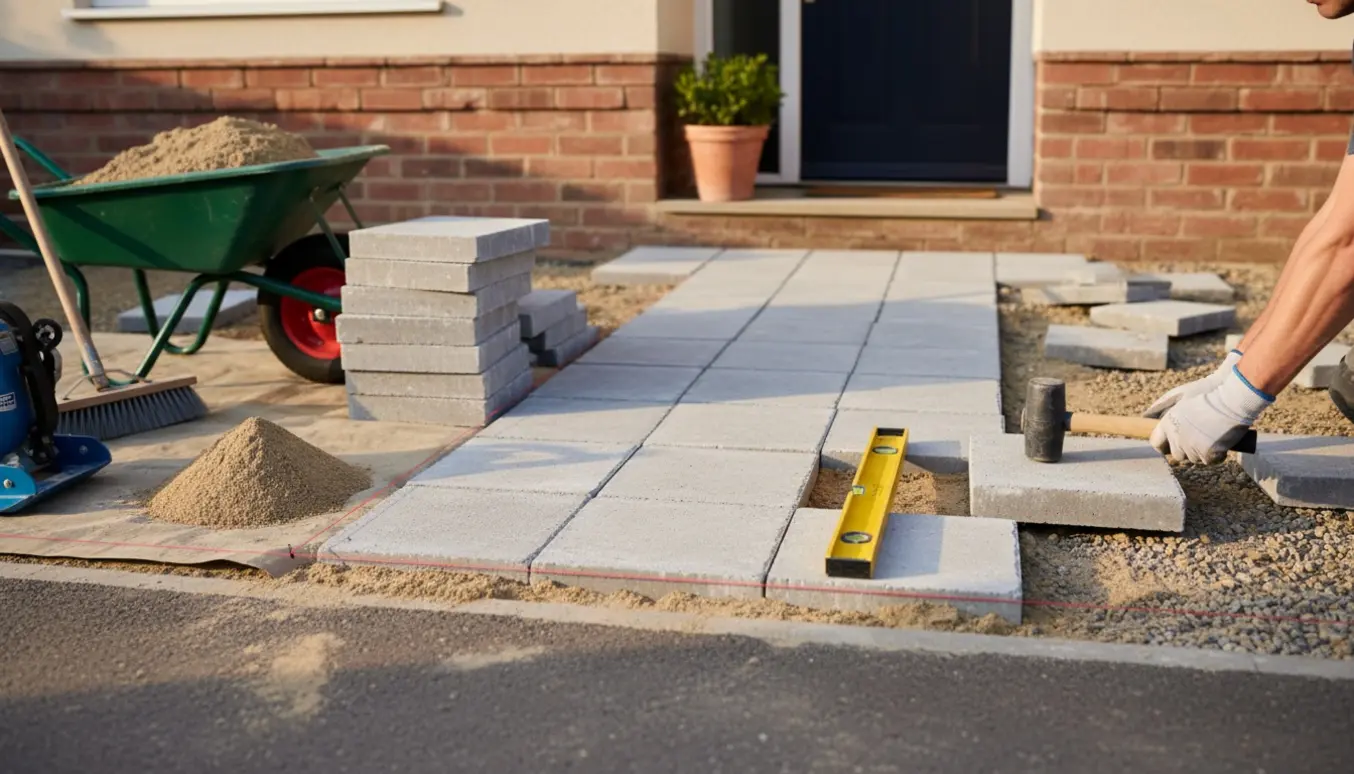 Omlægning af fliseareal ved husets indgang med nyanlagte fliser og værktøj.