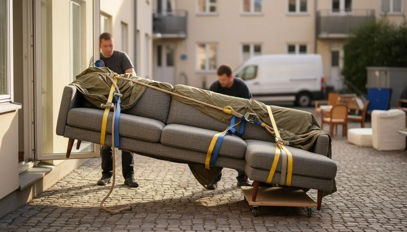 Sofa med chaiselong sænkes fra første sal til gården til storskrald, indpakket i flyttetæpper og fastgjort med løftestropper.